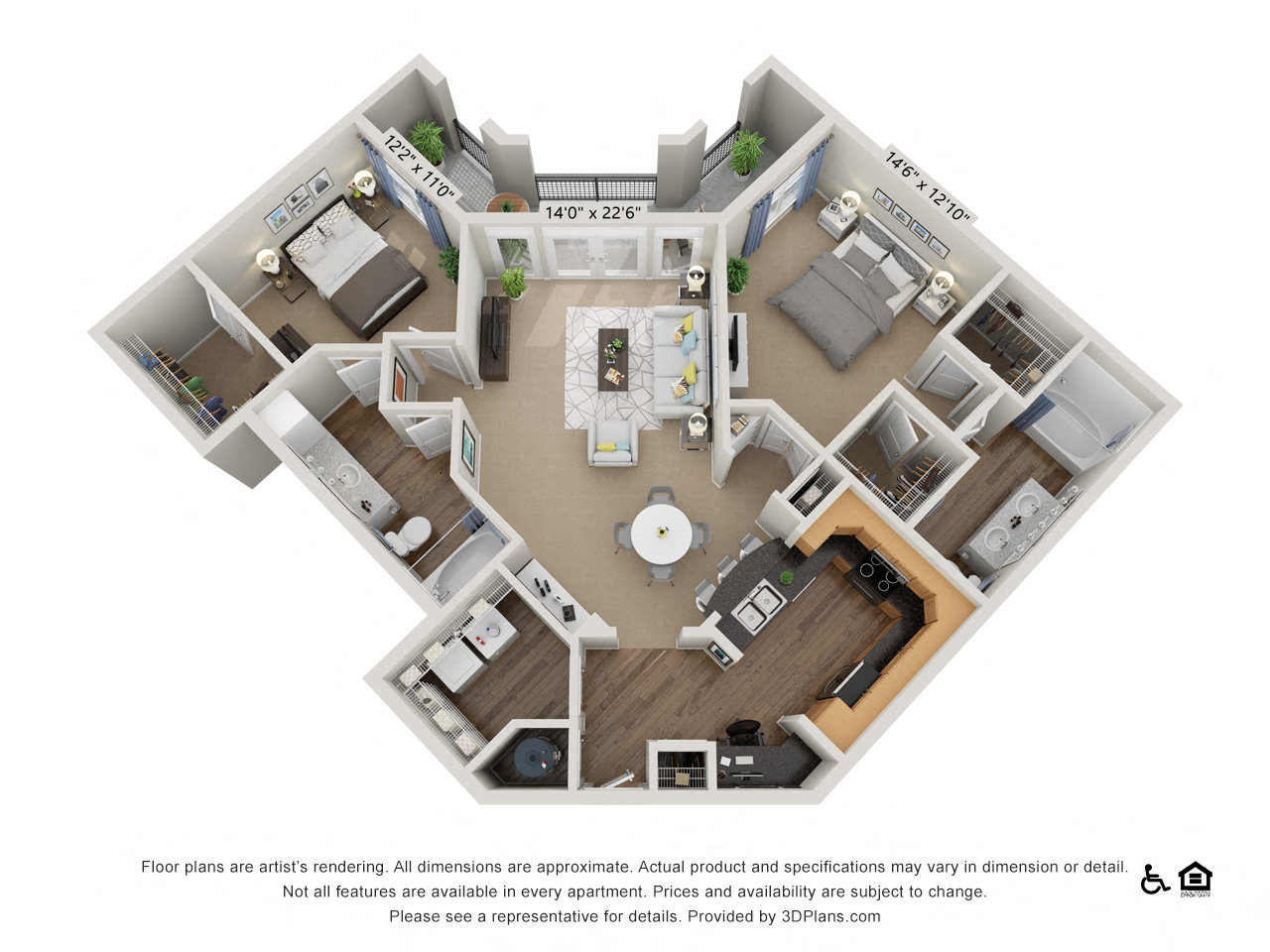Floor plan for 2 beds, 2 baths, 1300 sqft